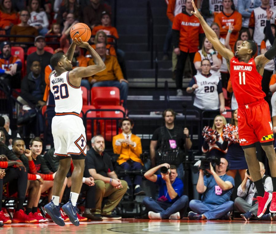 Junior guard DaMonte Williams shoots a 3-pointer during the Illinois game against Maryland on Friday.