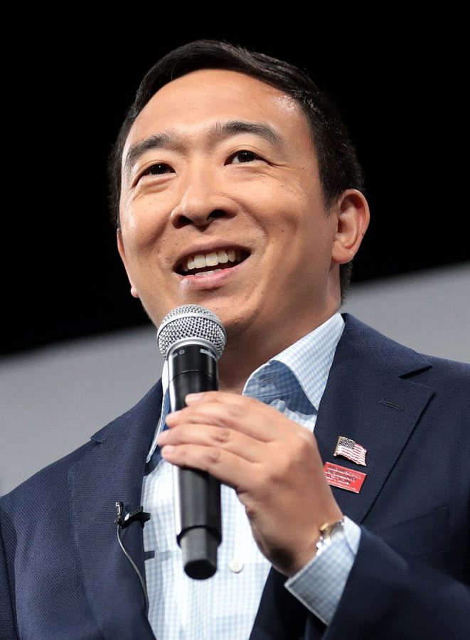 Andrew Yang speaking at an event in Des Moines, Iowa on Aug. 10.