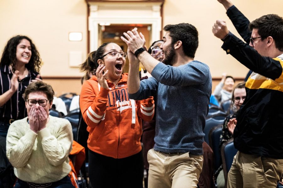 Alexis Perezchica (left) and Chris Ackerman-Avila celebrate with each other after winning the Illinois Student Government Election. Alexis Perezchica and Chris Ackerman-Avila are the new president and vice president for the student body.