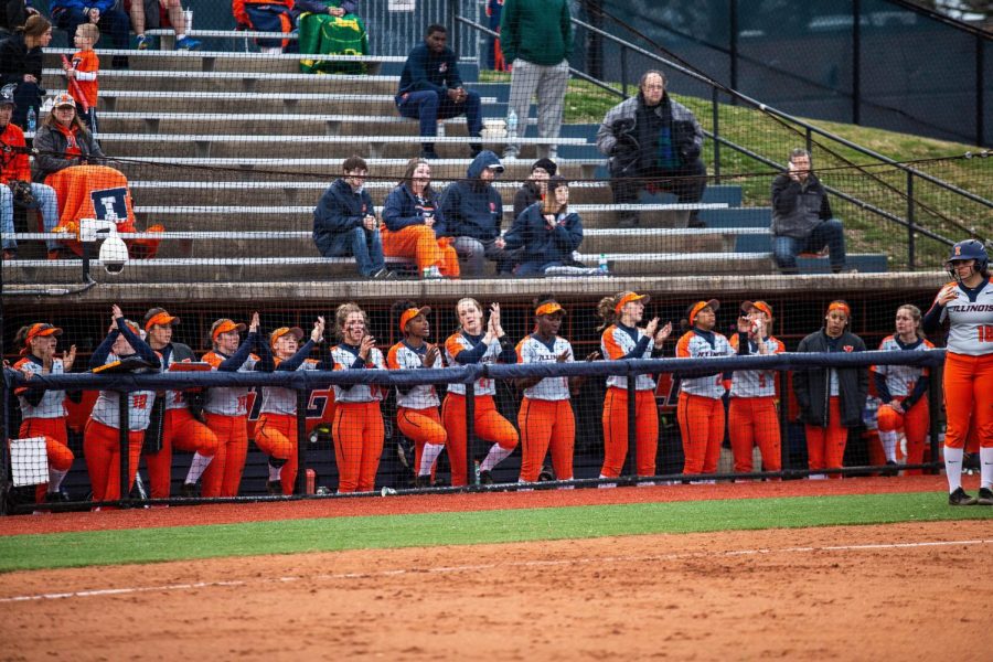 The Illini dugout stares onto Eichelberger Field on April 3, 2019. 