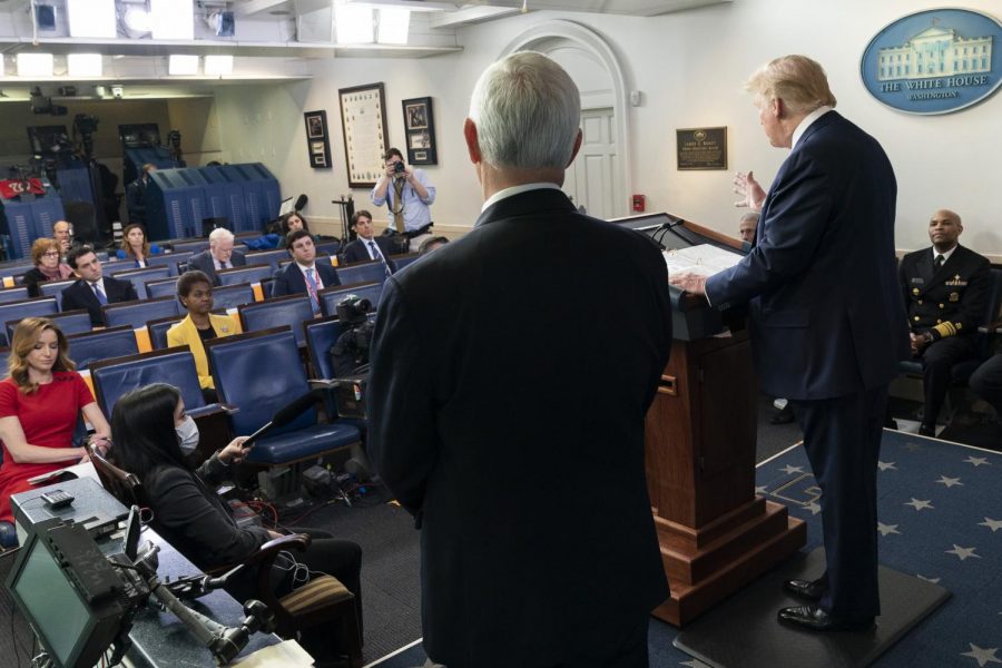 President Donald J. Trump, joined by Vice President Mike Pence and members of the White House Coronavirus (COVID-19) Task Force, delivers remarks and answers questions from members of the press during the coronavirus update briefing on Friday, April 10, in the James S. Brady Press Briefing Room of the White House. 