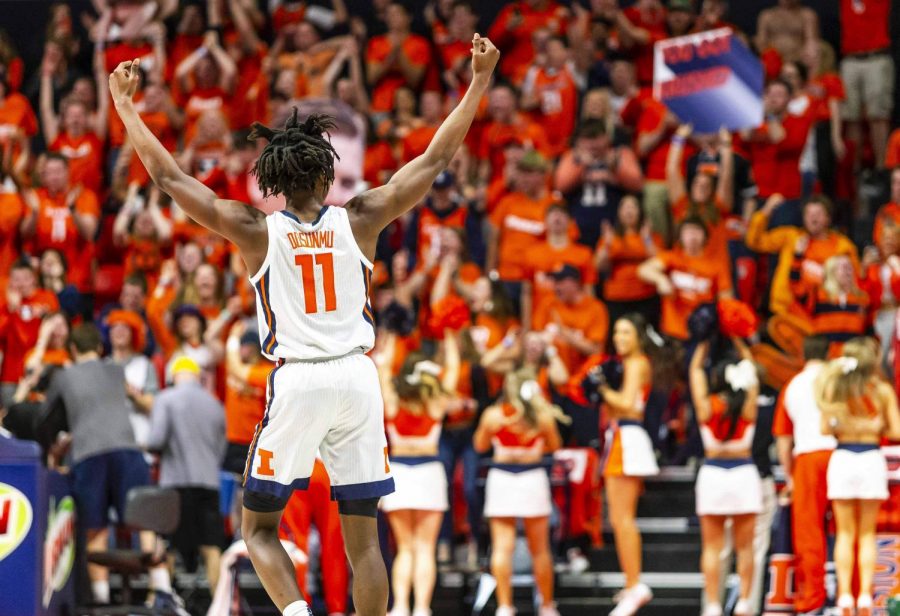 Illinois sophomore Ayo Dosunmu looks to the crowd during the game against March 8. The Illini won 78-76.