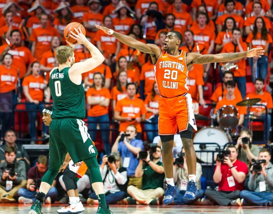 Illinois Fighting Illini guard DaMonte Williams guards Michigan State Spartans guard/forward Kyle Ahrens during the first half at State Farm Center in Champaign, IL on Tuesday, Feb. 11, 2020.