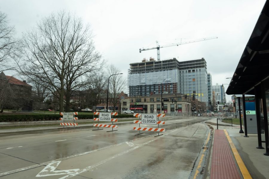The intersection of Green and Wright sits under construction at noon on March 16. Construction is now halfway complete.