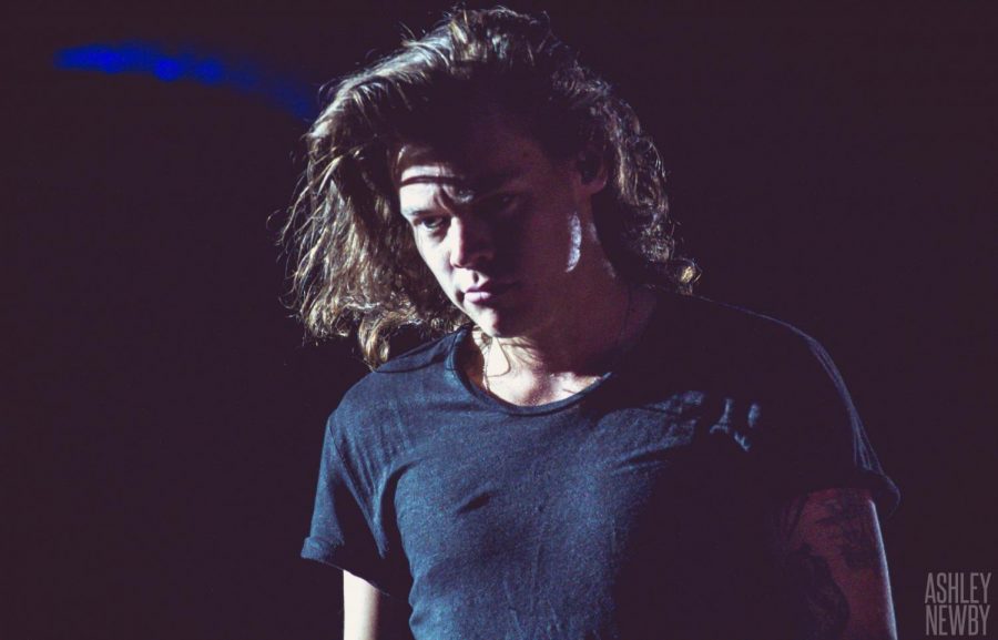 Singer Harry Styles looks off into the crowd during a show at Soldier Field in Chicago, IL on August 23, 2015.