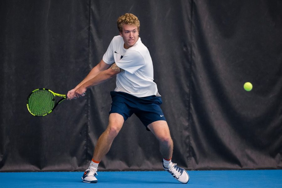 Illinois Alex Brown gets ready to return the ball during the match against Penn State at Atkins Tennis Center on Friday, April 12, 2019. The Illini won 4-3.
