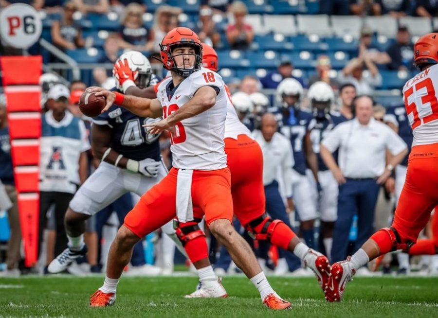 Illinois Quarterback Brandon Peters throws the ball during the match against Connecticut on Sept. 7, 2019.