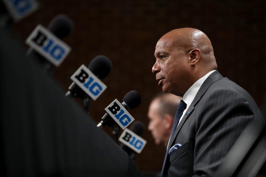 Big+Ten+commissioner+Kevin+Warren+speaks+about+the+cancellation+of+the+mens+Big+10+basketball+tournament+at+Bankers+Life+Fieldhouse+in+Indianapolis+on+March+12%2C+2020.