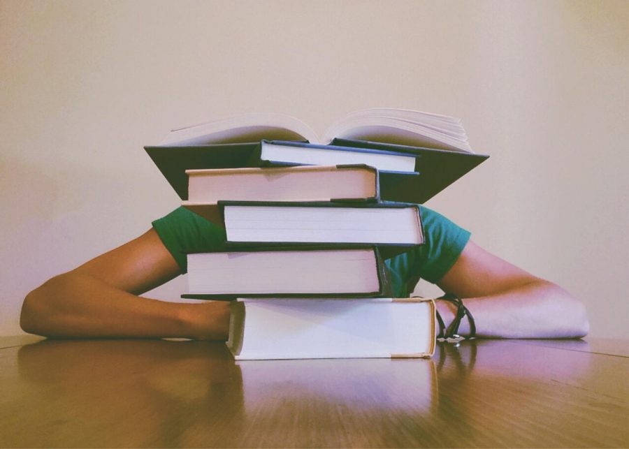 A students head is obscured behind a tall stack of books.