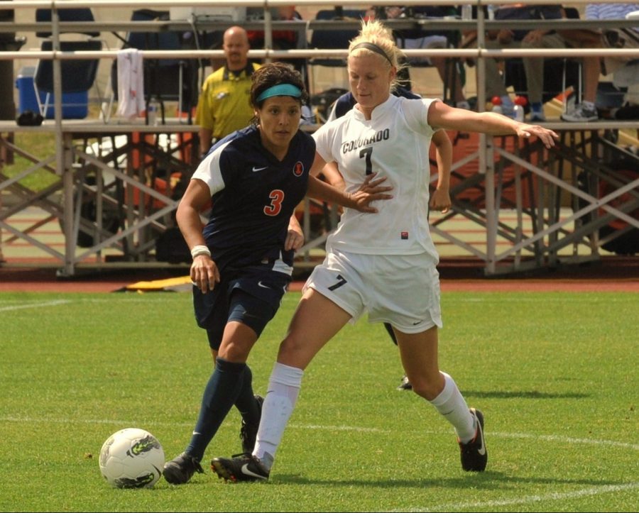 Senior Midfielder Jackie Guerra battles for control of the ball during the match against Colorado on Sept. 7, 2011.