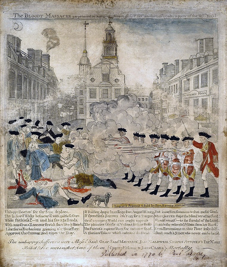 A depiction of the Boston Massacre which occurred on March 5, 1770. 