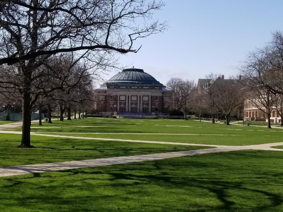 The University of Illinois quad sits empty during what would have been Moms Weekend in early April.