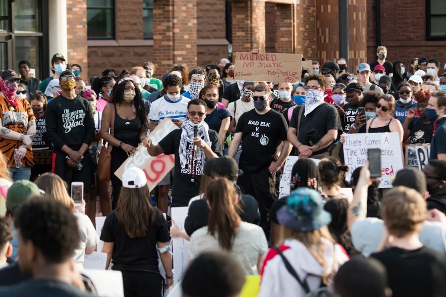 Organizer Drake Materre, a graduating senior in the college of AHS, offers closing words at the Champaign County Courthouse during the Black Lives Matter protest on June 1.