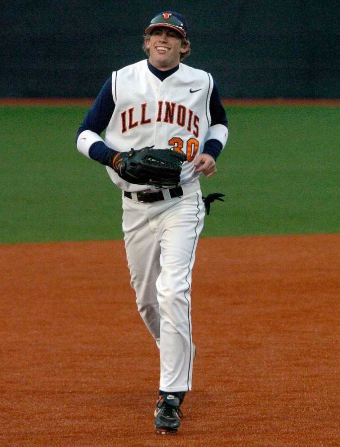 Junior Kyle Hudson jogs back to the dugout during the game against Illinois College on Wednesday, April 9,, 2008.