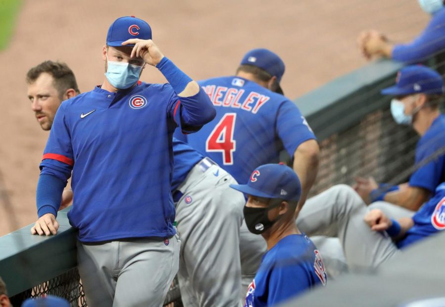Chicago+Cubs+center+fielder+Ian+Happ+wears+a+mask+in+the+dugout+on+July+20%2C+2020+during+an+exhibition+game+at+Guaranteed+Rate+Park.