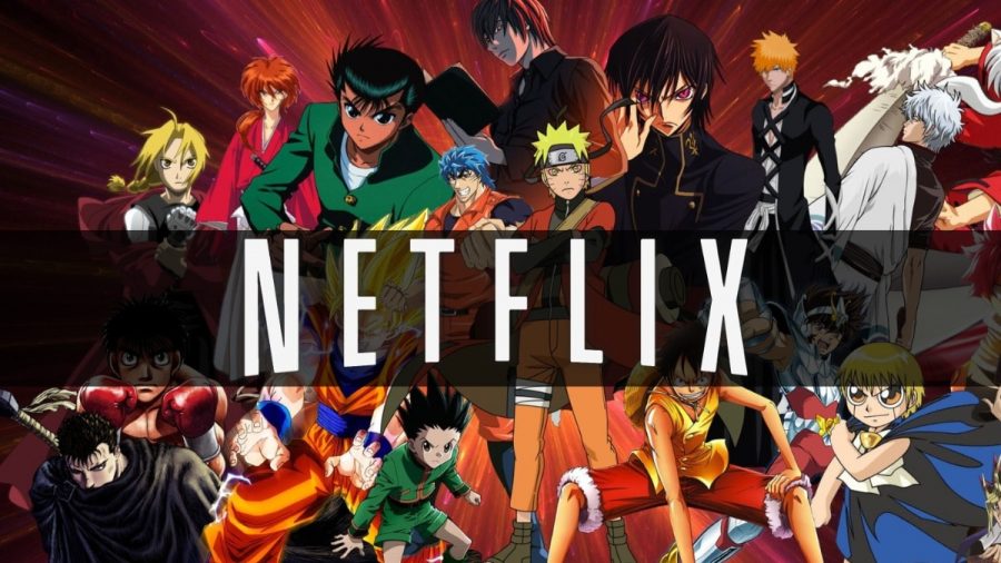 A+graphic+banner+displays+several+popular+anime+series+that+appear+on+Netflix.%0A