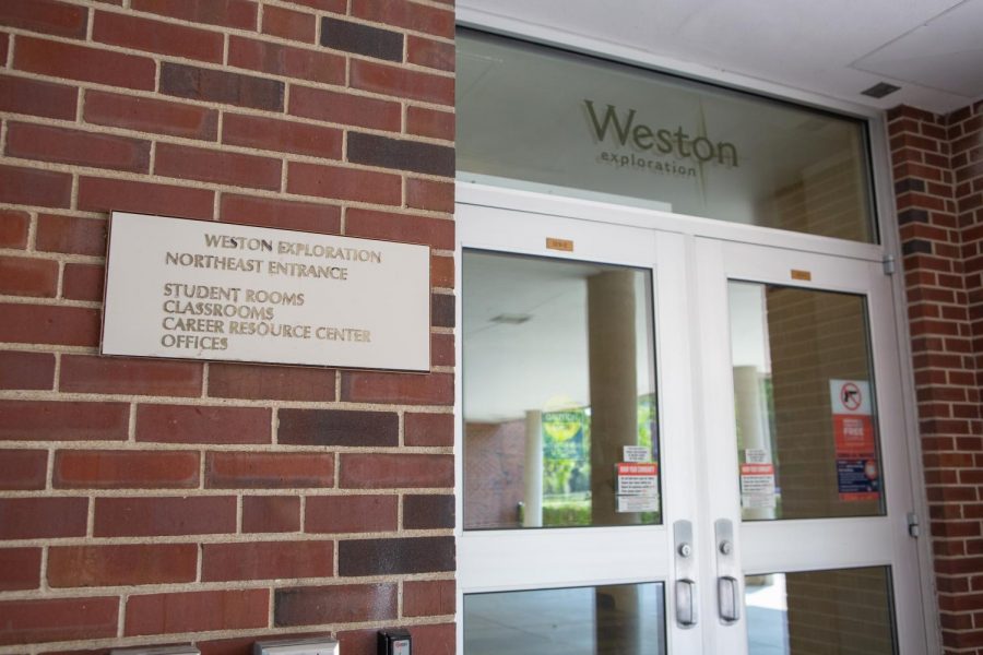 The entrance to the North East section of Weston Hall remains locked on Aug. 26. Some of the students in quarantine are currently residing in the first floor of this section of Weston Hall.