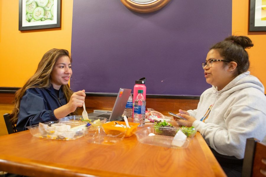 A pair of roommates eat lunch at the Bevier Cafe on Thursday afternoon. Setting boundaries can help negate conflict with your roommate. 