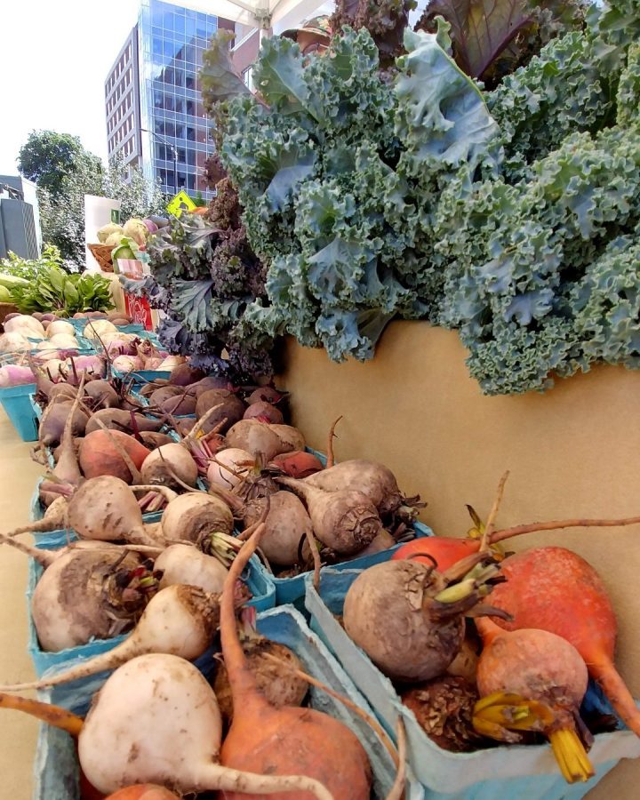 The Land Connection sells assorted root vegetables and kale at the Champaign Farmers Market on May 26. The organization strives to grow the local food economy and increase food accessibility.