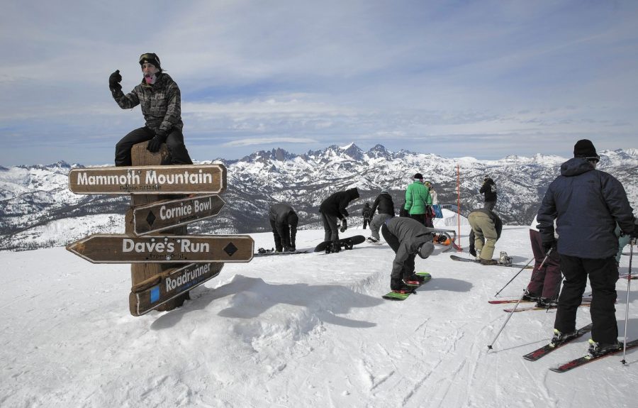 Skiers and snowboarders enjoy spring-like conditions on the slopes at Mammoth Mountain in Mammoth, CA this week. Mammoth, Californias most popular ski resort, recently recorded a base of more than 150 inches near the peaks, with all 150 of its runs open.