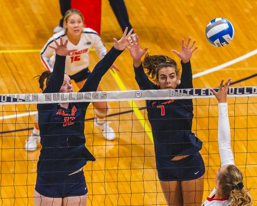 Then seniors Ashlyn Fleming and Jacqueline Quade attempt to block the ball during the game against the Pacific Tigers on Sept. 20, 2019 in Indianapolis, IN.