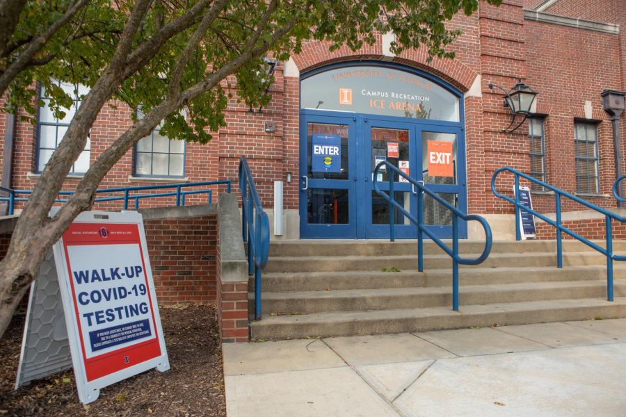 The entrance to the University of Illinois Ice Arena rests closed on Saturday morning. University COVID-19 testing is now being conducted inside the building.