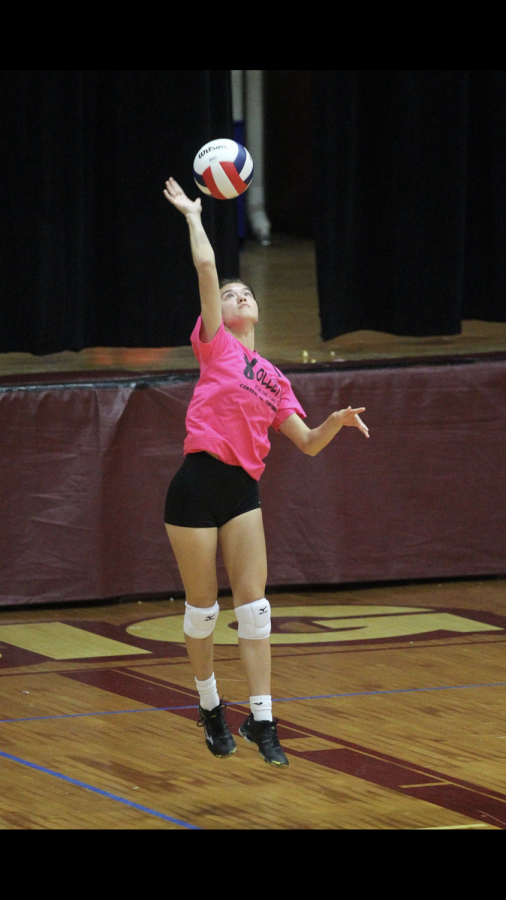 Sophomore Michaela Patton serves the ball during a high school volleyball game.