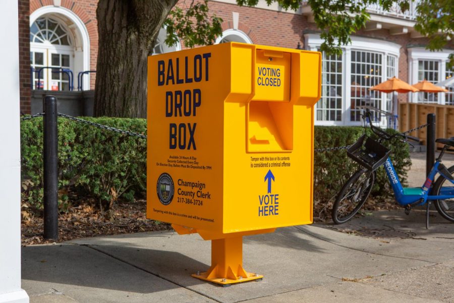 A Champaign County ballot drop box sits outside the Illini Union on Oct. 4. Champaign County voters now have access to more ballot drop boxes after Gov. J.B. Pritzker passed House Bill 1871 to fund their installation.
