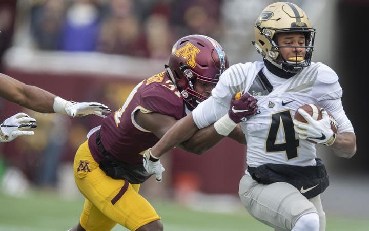 Gophers redshirt junior defensive back Kiondre Thomas will again try to get his hands on Purdue wide receiver Rondale Moore in the teams Big Ten opener Sept. 28. Moore had a school-record 2,215 all-purpose yards last year.