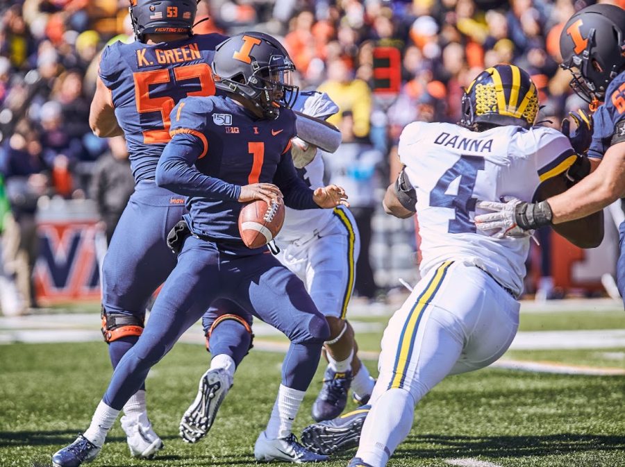 Redshirt freshman quarterback Isaiah Williams scans the field during the game against Michigan on Oct. 12, 2019, which Illinois lost 42-25. Williams may start as quarterback against Rutgers on Saturday.