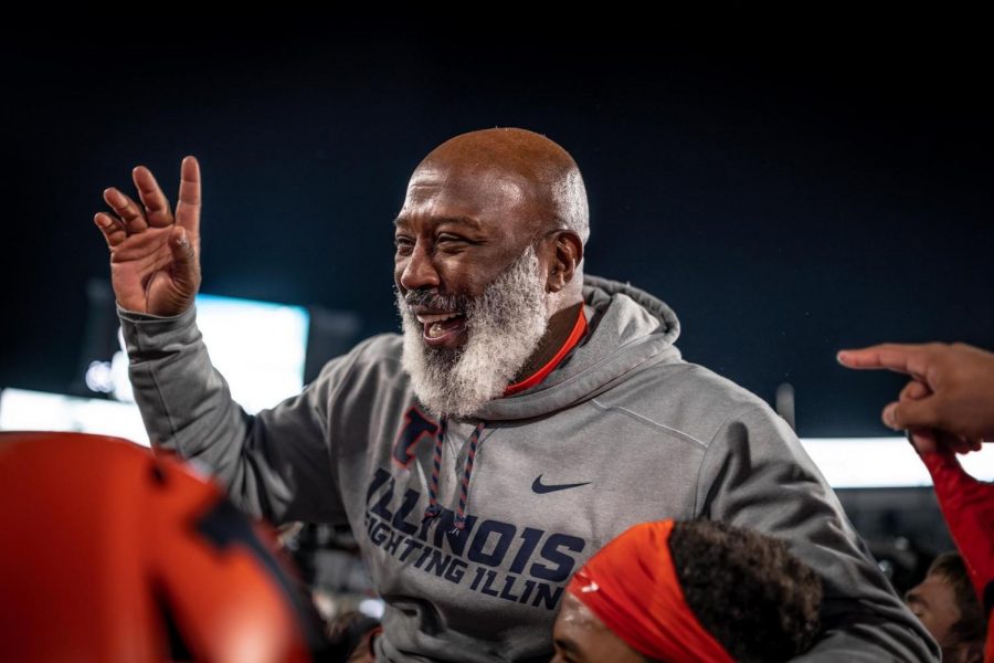 Illinois head football coach Lovie Smith celebrates after securing a 24-23 victory over Wisconsin on Oct. 19, 2019. The Illini look forward to the game against Nebraska on Saturday.