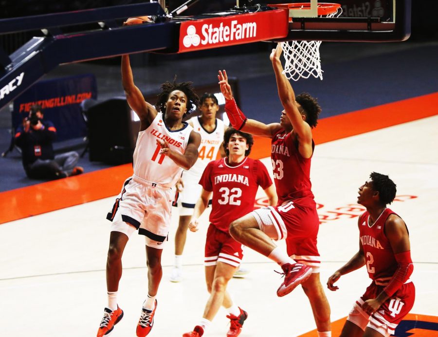 Ayo+Dosunmu+goes+up+for+a+layup+in+Illinois+contest+against+Indiana+at+State+Farm+Center+on+Saturday.+Behind+Dosunmus+performance%2C+the+Illini+won+X-X.