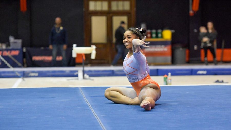 Junior Shaylah Scott performs her floor routine during the tri-meet against Rutgers and Maryland on Saturday.