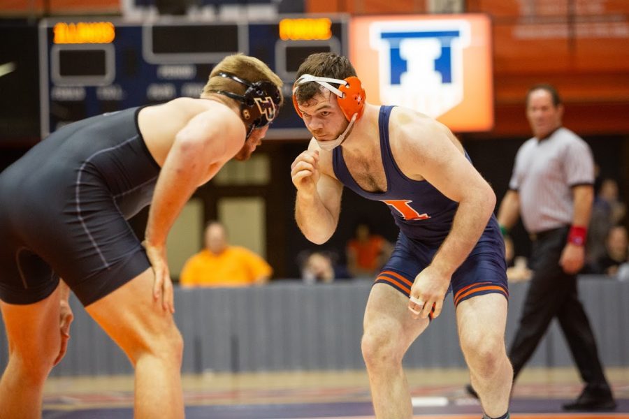 Junior Danny Braunagel sizes up his opponent during the meet against Purdue on Feb. 16, 2020. Braunagel was a NCAA qualifier in the 2019-2020 season.