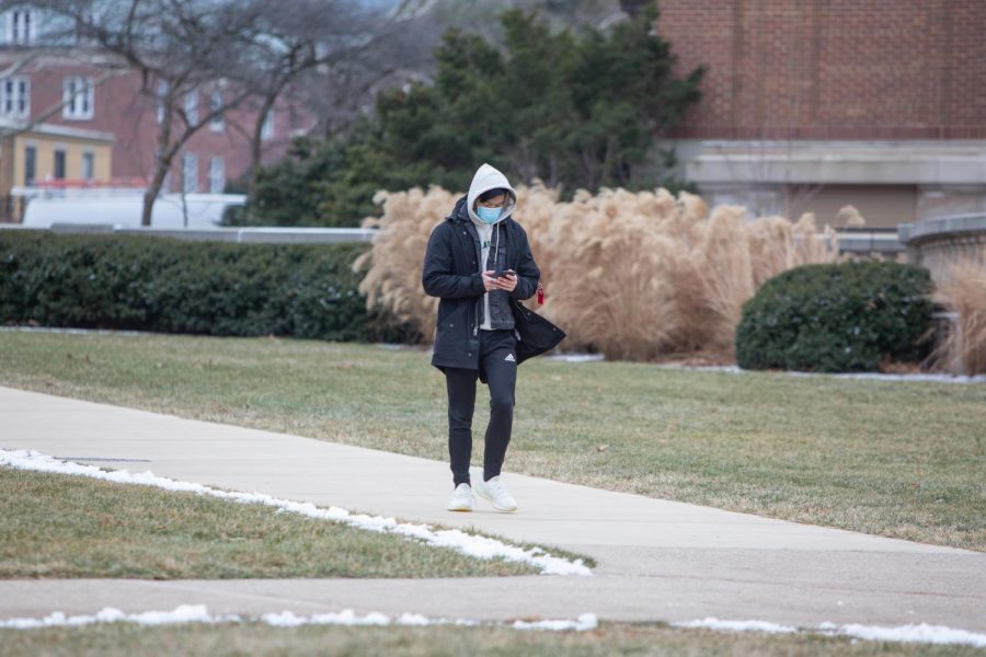 A masked student walks down a diagonal pathway on the Main Quad on Wednesday morning. Many Illinois students wrestled with the decision to return to campus this semester.