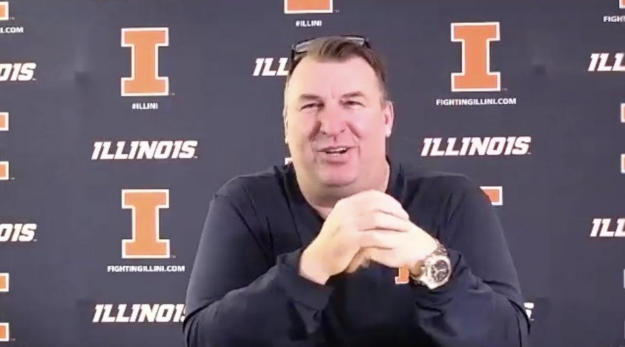 Football+head+coach+Bret+Bielema+speaks+to+the+media+during+his+frist+press+conference+since+his+hiring+on+Wednesday.+Bielema+will+focus+on+recruiting+players+from+Illinois+and+restructuring+the+team+in+general.