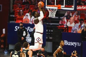 Sophomore Kofi Cockburn dunks the ball during the game against Purdue on Saturday.