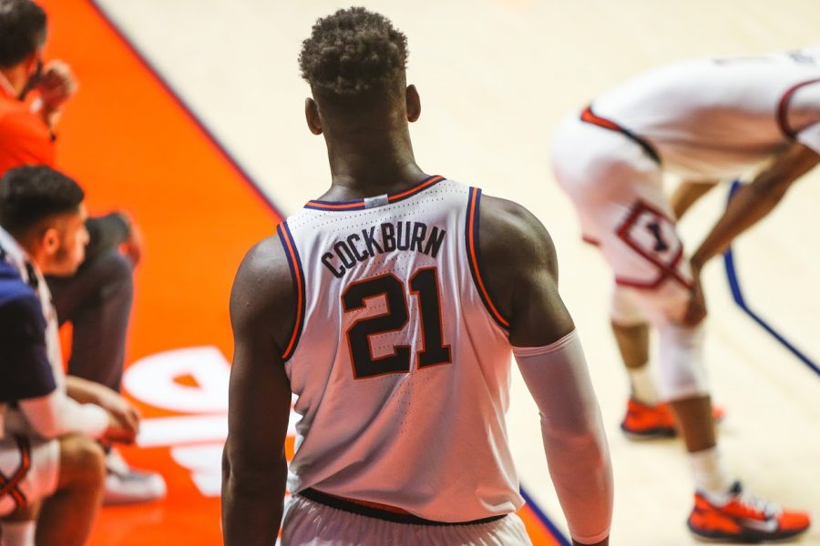 Sophomore Kofi Cockburn walks towards the court during the game against Purdue on Saturday.