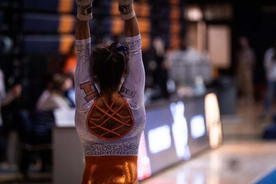 Sophomore Mia Townes prepares to compete during the meet against Iowa on Sunday.