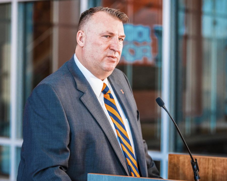 Illinois football head coach Bret Bielema speaks at a press conference on Dec. 21. Bielema welcome the final signees of the 2021 recruiting class on Wednesday