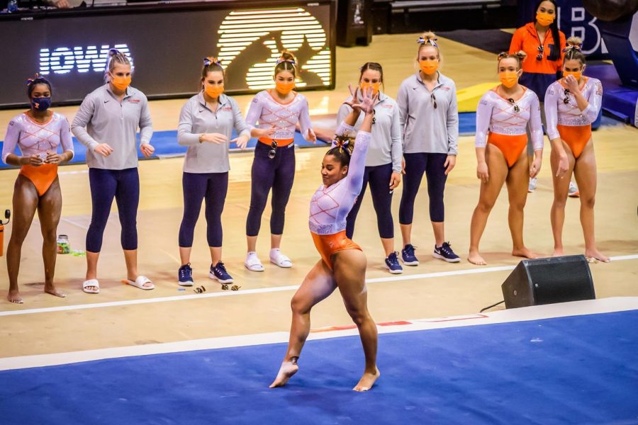 Junior Shaylah Scott performs her floor routine during competition. The Illinois womens gymnastics team will travel to Columbus, Ohio, for a tri-meet matchup against Ohio State and  Michigan State this Sunday.