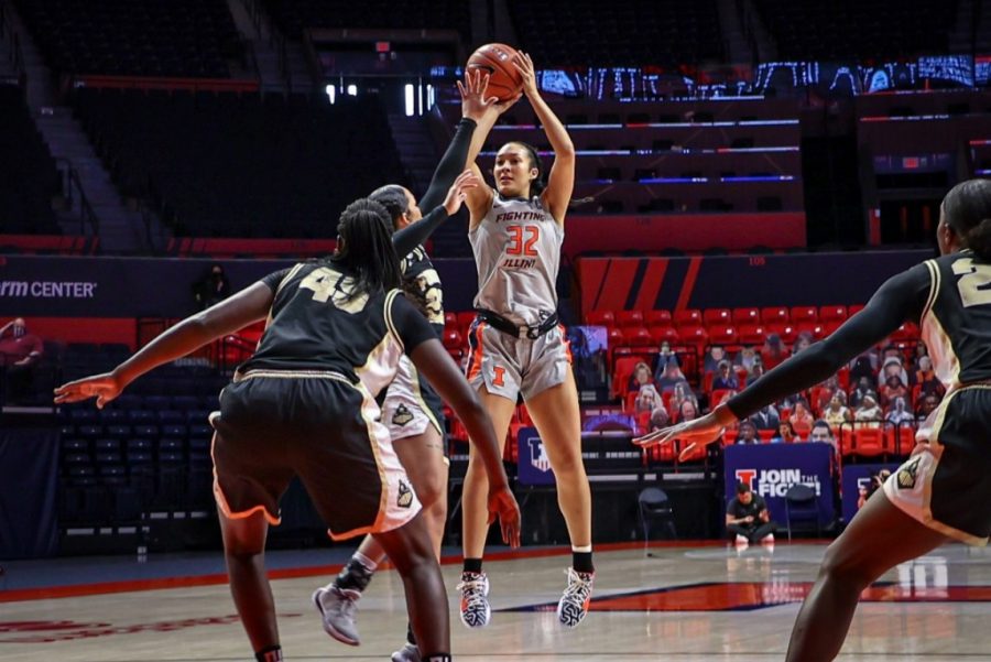 Freshman guard Aaliyah Nye shoots during the game against Purdue on Sunday. The Illini won the game 54-49.