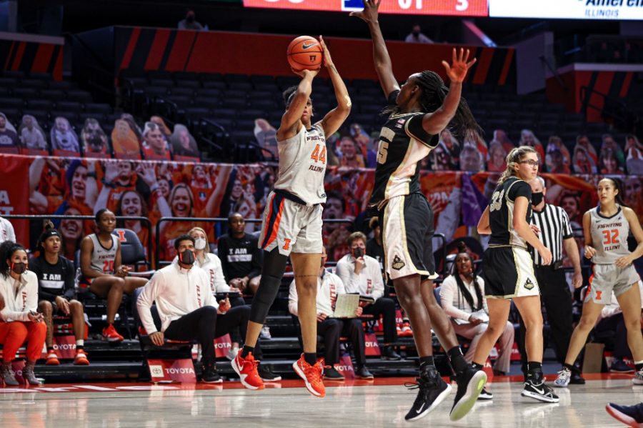 Sophomore forward Kennedi Myles shoots during the game against Purdue on Sunday. The Illini will play against Minnesota tonight in Minneapolis.