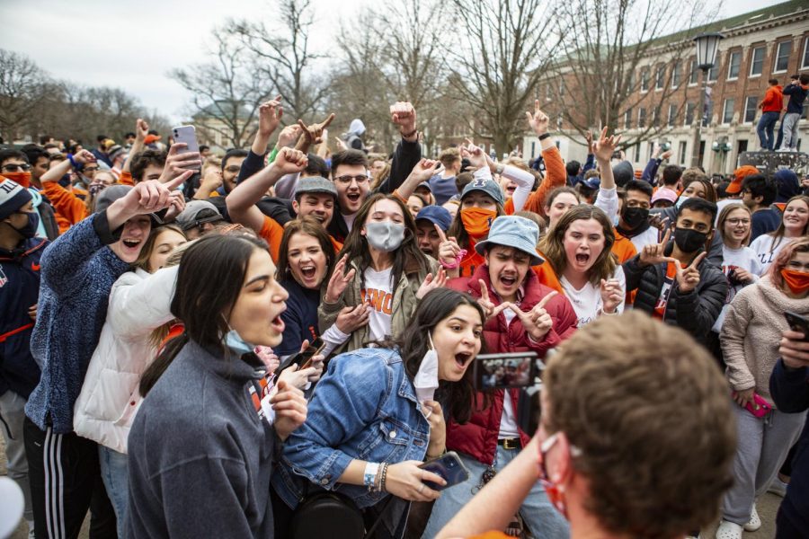 Students celebrate on the Main Quad after the Illinois Mens Basketball Team became Big Ten champions on Sunday afternoon. The team needs a cohesive plan in order to make it to the Final Four. 