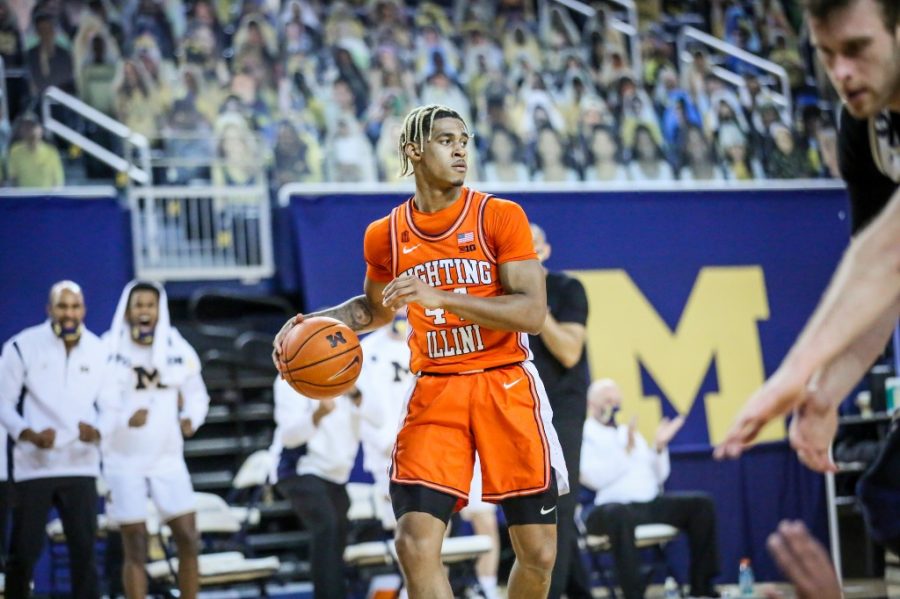 Adam Miller dribbles the ball during the game against Michigan