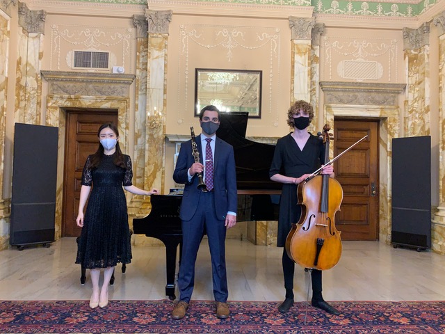 Members of the Goodwin Avenue Trio Chanmi Lee, Andrew J. Buckley and Ethan Schlenker pose for a photo. The trio will make their debut on March 27 at Smith Memorial Hall.