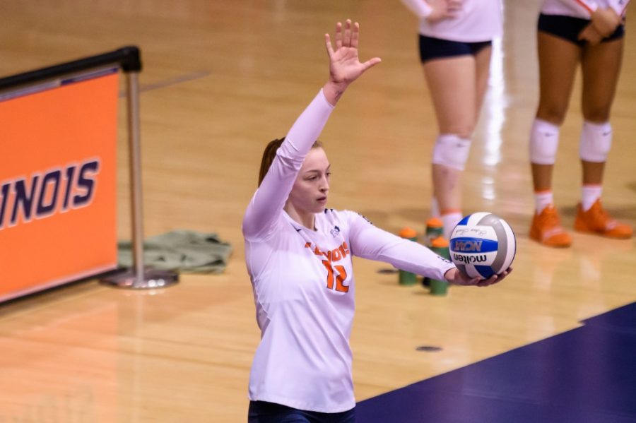 Raina Terry starts her serve during the game against Ohio State on Feb. 19. The Fighting Illini beat Maryland on Friday and Saturday ending their 10-match losing streak.