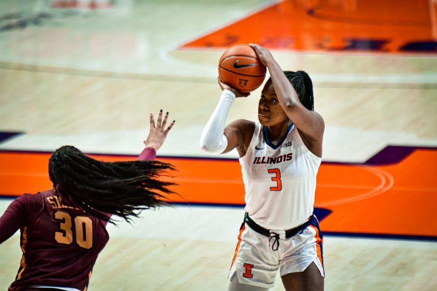 Sophomore+Solape+Amusan+shoots+during+the+game+against+Minnesota+on+Friday.+The+Illini+won+the+game+72-64.