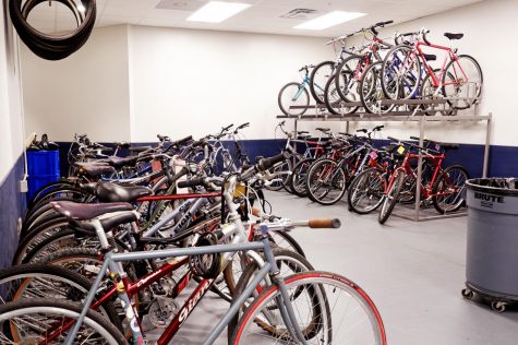 A row of bikes is lined up inside the Campus Bike Center on April 6. The University Facilities and Services teamed up with Champaign County Bikes to host a bicycle census on Wednesday.