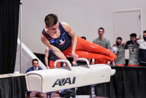 Junior Ian Skirkey performs on a pommel horse at the NCAA Championships Saturday. Skirky won the NCAA pommel horse championship, which is the first in his career.
